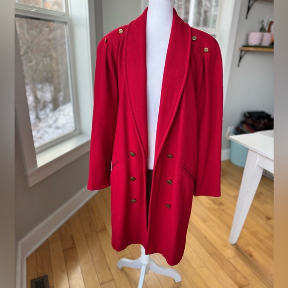 Vintage Michelle Stuart Cardinal Red Double Breast Shawl Collar Wool Trench Coat - Picture 12 of 16